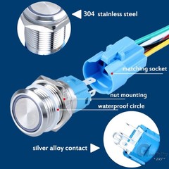 12mm LED ON OFF Waterproof Stainless Steel Latching Push Button Ring Switch