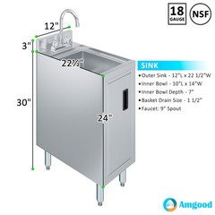 AmGood 22 in. x 12 in. Stainless Steel Underbar Hand Sink with Cabinet Base