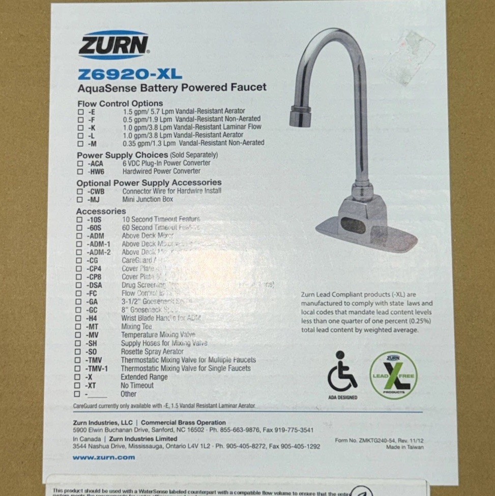 NEW Zurn Z6920-XL Aquasense Battery Powered Faucet