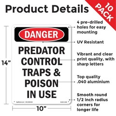 Portrait Predator Control Traps OSHA Danger Sign Metal,, Decal 5 or 10 Pack