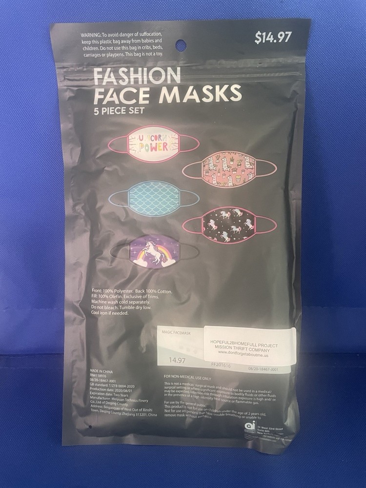 *FASHION CLOTH FACE MASKS REUSABLE WASHABLE ONE SIZE FITS MOST 5 PACK UNICORN