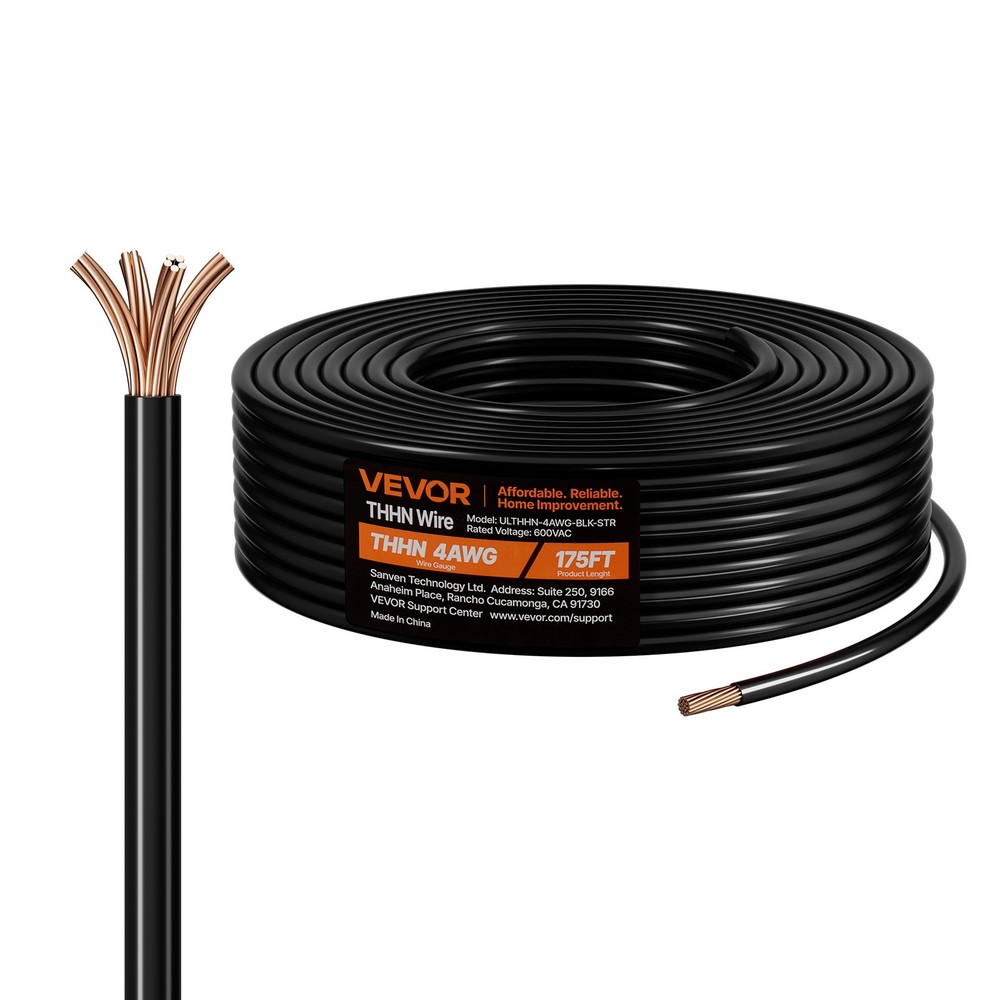 VEVOR 4 AWG THHN Wire 19-Stranded Black Copper Building Wire Nylon Jacket 175 ft