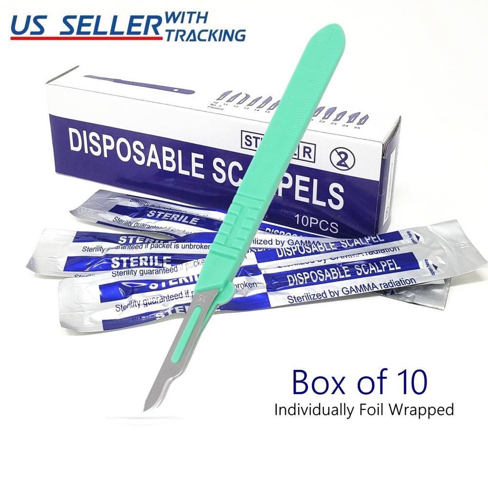 Disposable Scalpel Blades #15 Carbon Steel Sterile Surgical w/ Graduated Handle
