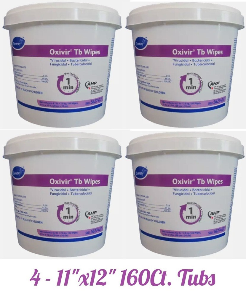 4 Diversey Oxivir Tb LARGE Hospital Wipes 11×12″ (28x30cm) 160 Wipes w/Container