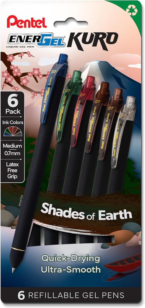 Energel Kuro Shades of Earth, Retractable Liquid Gel Pen, Assorted Ink Colors, 6