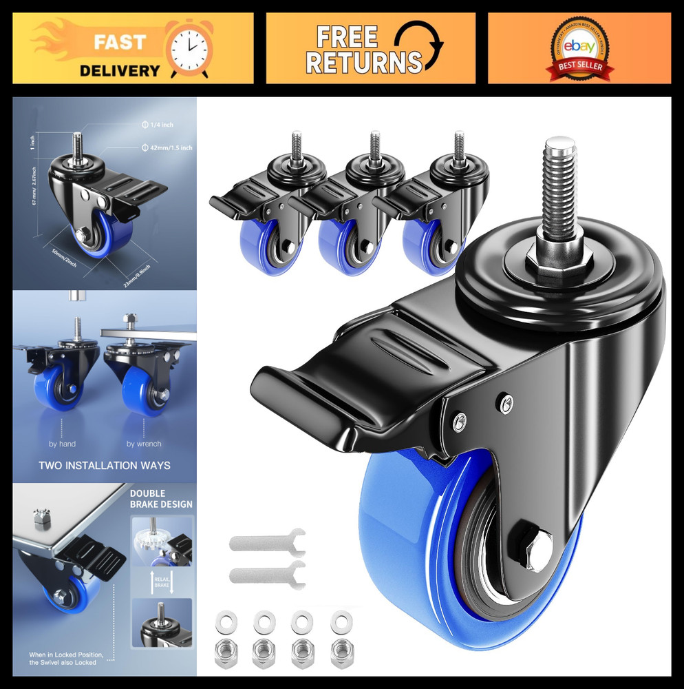 Heavy Duty 2″ Caster Wheels Set of 4 with Locking, Smooth Quiet Rolling for Furn