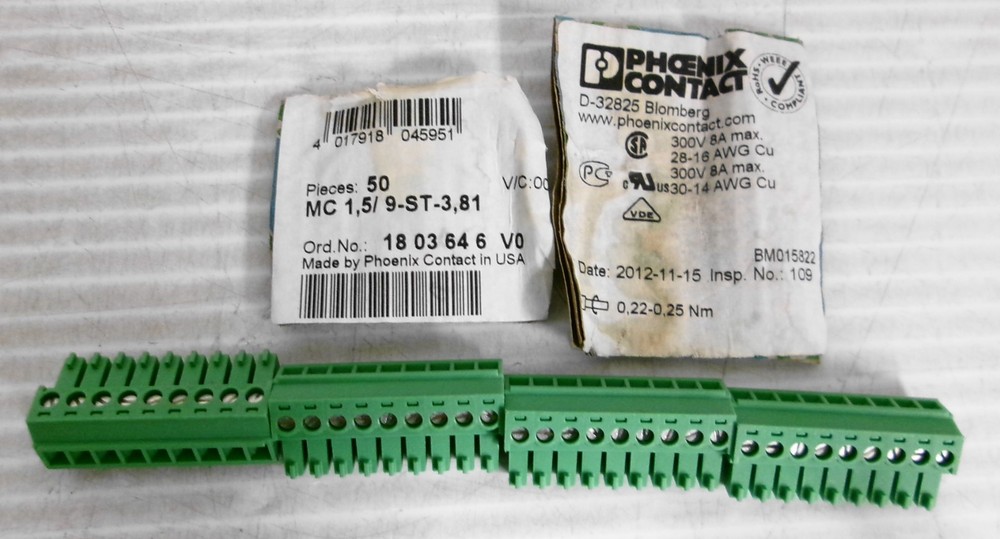 Phoenix MC 1,5/9ST-3,81 PCB Connector 9Pin 300V 8A Max 28-16/30-14AWG (Lot of 4)