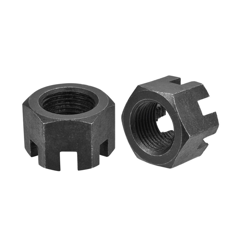 2pcs M24x2mm Hexagon Slotted Nut Grade 4.8 Carbon Steel Castle Nuts Black