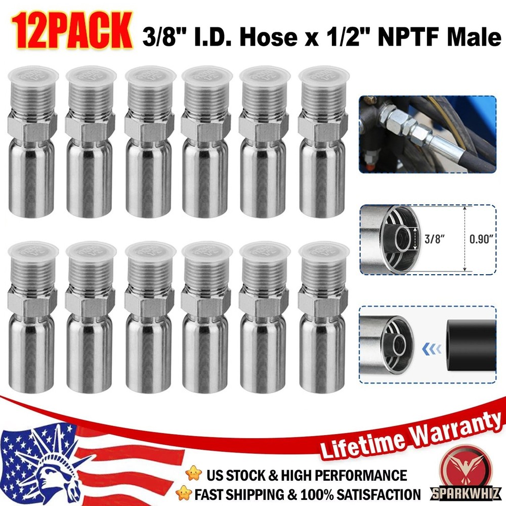 12 Pack Hydraulic Hose Fittings, 3/8″ I.D. Hose X 1/2″ NPTF Male with Protection