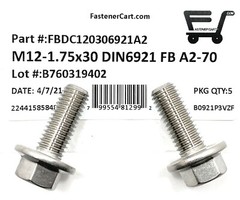 (5) M12 x 1.75 x 30 Stainless Steel DIN6921 A2 Hex Flange Bolts M12x30mm Flange