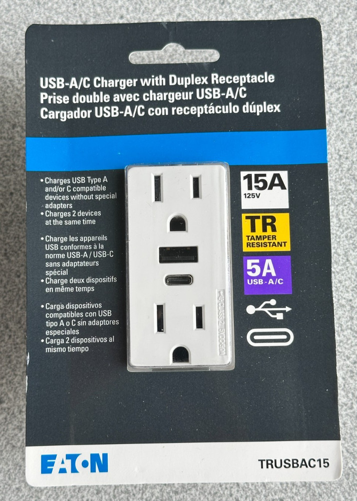 NEW Eaton Duplex Receptacle USB A & TYPE C Charger White 15A Tamper Resistant