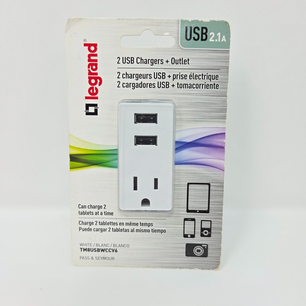 Legrand Pass Seymour 2 USB Charger + Outlet Wall Receptacle 2.1A White NEW