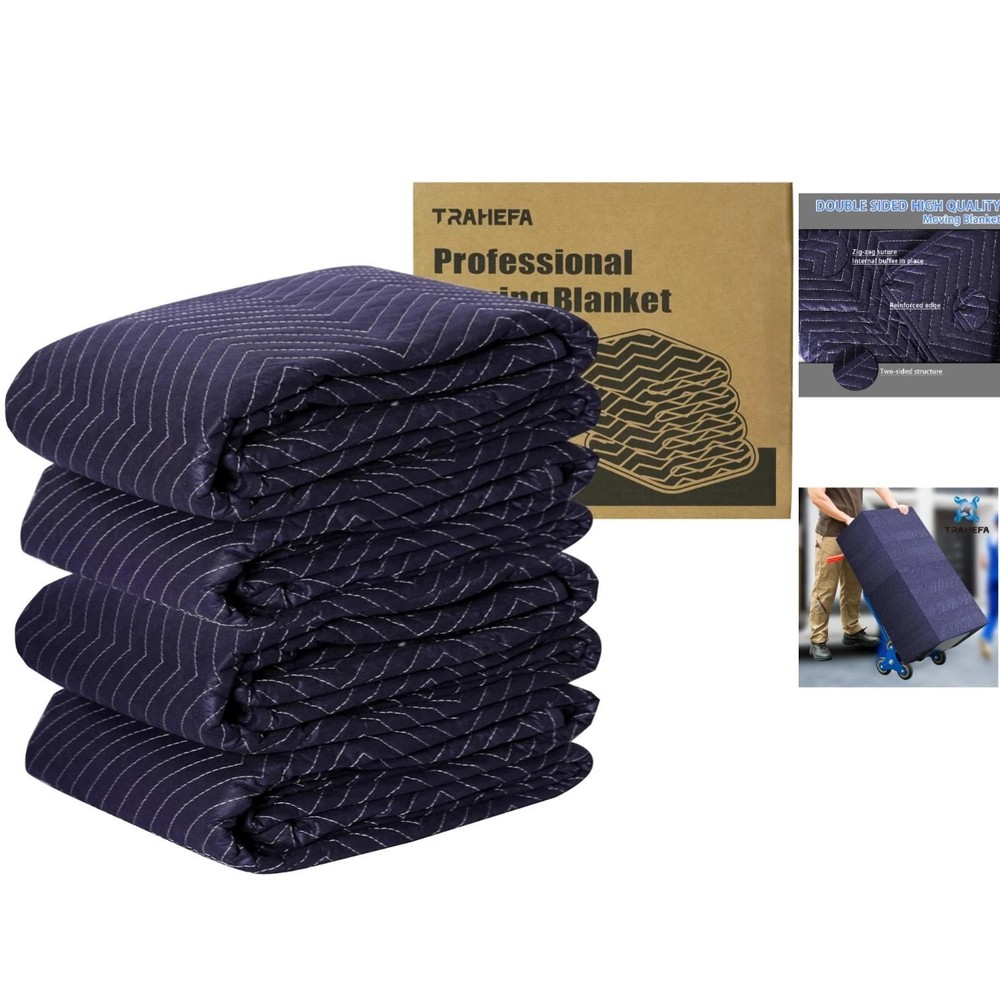 4 Pack Thick Moving Blankets 72″x40″ – Heavy Duty Quilted Protection in Blue
