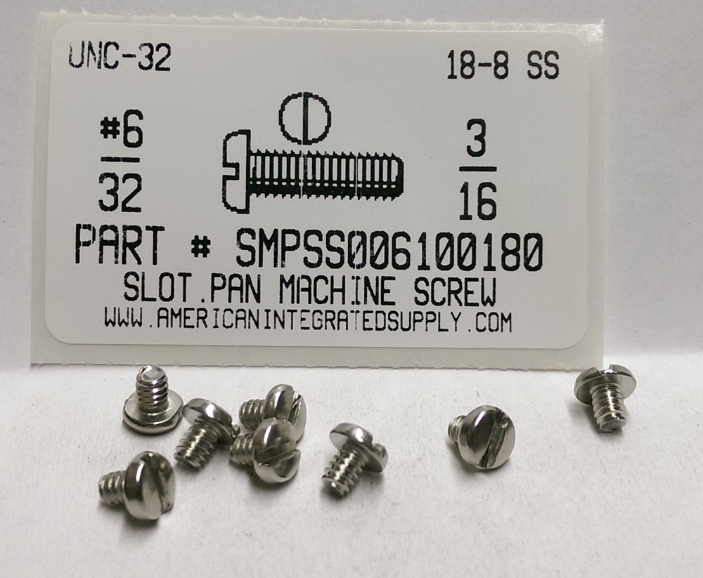 #6-32×3/16 Pan Head Slotted Machine Screws Stainless Steel (300)