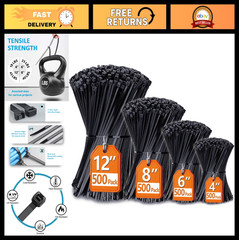 Assorted Zip Ties 2000 Pack – 4″ 6″ 8″ 12″ Black UV Resistant Cable Ties