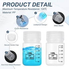 6 Pcs Plastic Sample Bottles with Screw Caps, 1 oz 30ml Reagent Bottles, Clear