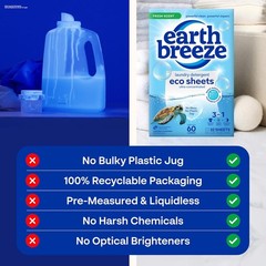 60 Loads Earth Breeze Laundry Detergent Sheets Fresh Scent Liquidless Soap 3in1