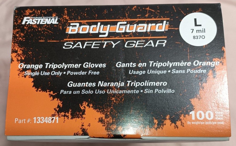 Fastenal 1334871 -Body Guard – Large 7 mil Orange Tri-Polymer Gloves ** LATEX !!