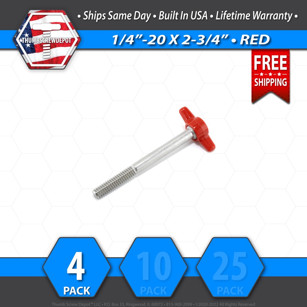 1/4″-20 x 2-3/4″ Thumb Screw Stainless Steel – Red Tee / Wing Knob – USA