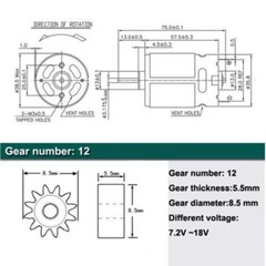 RS550 Motor 12 Teeth Gear 7.2V 12V 14.4V 18V For Cordless Drill Shaft Dia.3mm