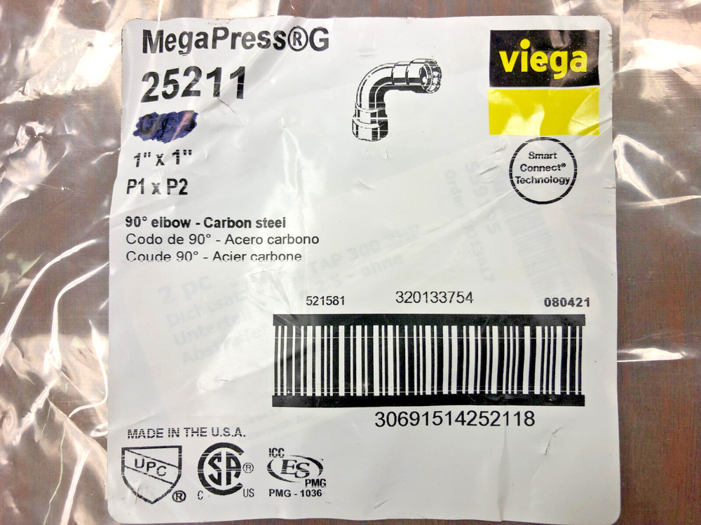 New Viega 25211 1″ x 1″ MegaPressG 90° Press Connection Elbow, USA Made