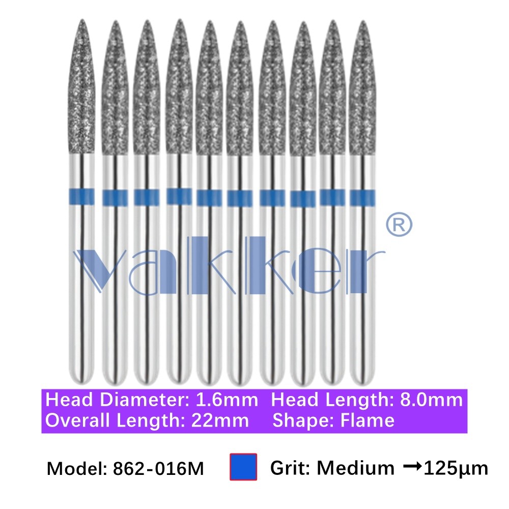 Vakker 10pc Dental 862-016M Medium Grit FG Diamond Bur Friction Grip Flame Shape