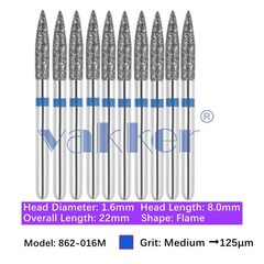 Vakker 10pc Dental 862-016M Medium Grit FG Diamond Bur Friction Grip Flame Shape