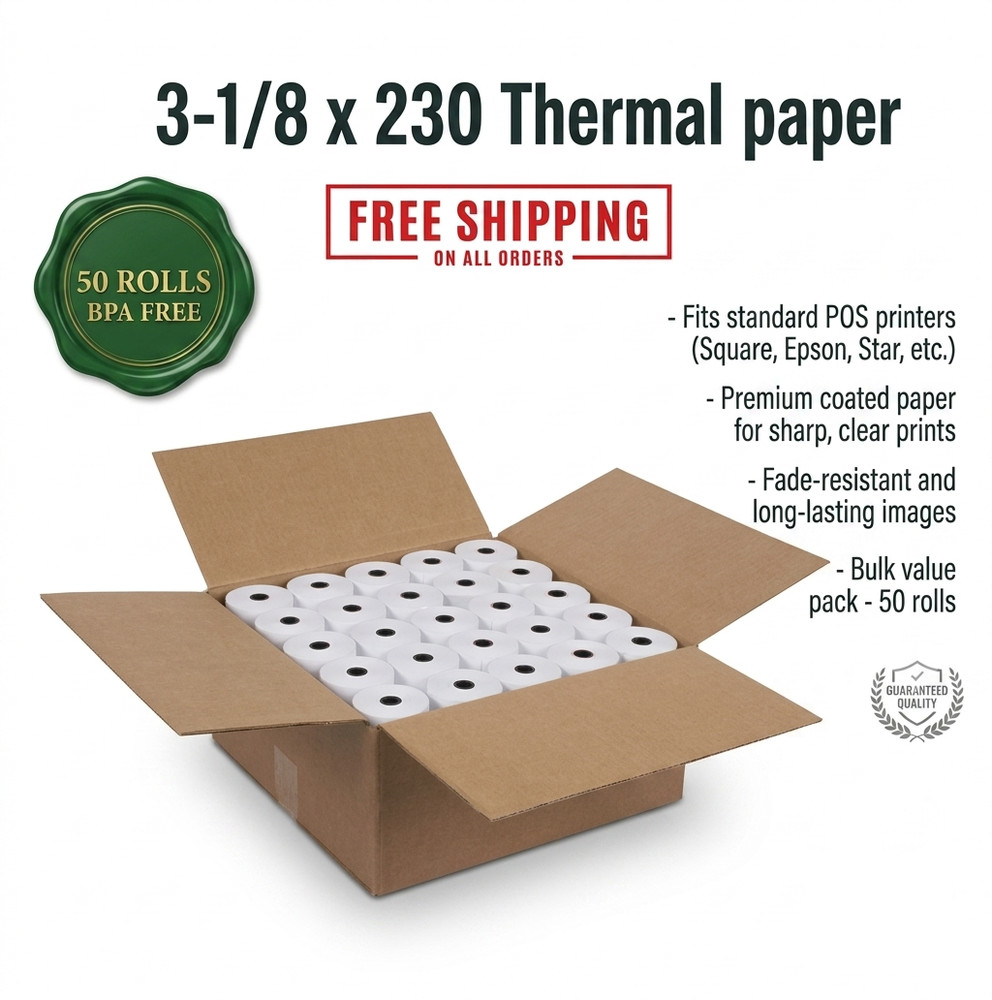 3-1/8″ x 230′ Thermal POS Receipt Paper Rolls BPA Free Cash Register 50 Rolls