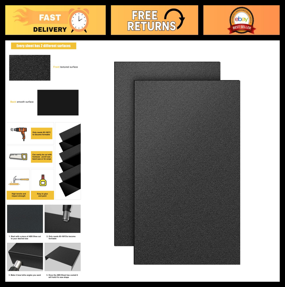 2 Pack Black ABS Plastic Sheets 12″x16″ 1/8″ Thick, Durable Moldable DIY Materia