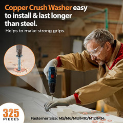 325 PCS, 10 Sizes, Premium Copper Metric Sealing Crush Washers Assortment Kit, U