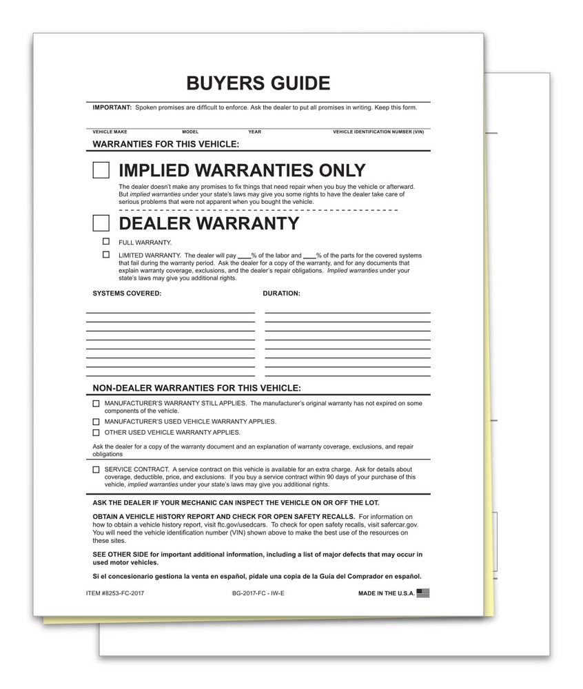 2-PART BUYERS GUIDE FORM FILE COPY NO TAPE IMPLIED WARRANTY 100 PER PACK CAR LOT