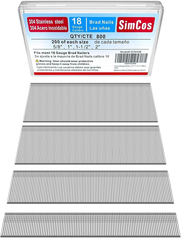 18 Gauge 304 Stainless Steel Brad Nails 18 GA Nail Gun 5/8+1+1-1/2+2 –800pcs