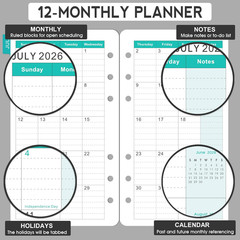 2026 A6 Calendar Refill Pages 3.75×6.75 Weekly Monthly Jan-Dec 6 Ring Red New US