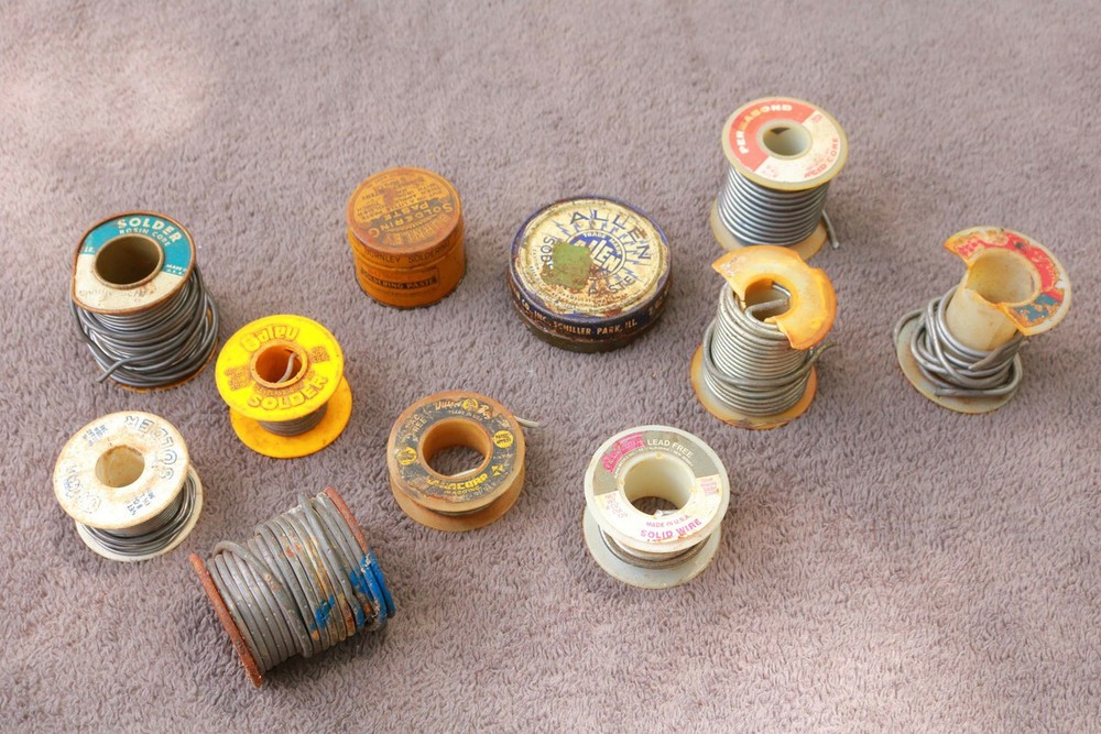 Solder 4 Pounds Old Various Types with Tins of Flux Vintage Historic Useful IZ