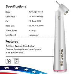 45° Angle Head Dental 1:4.2 Increasing LED Optic Contra Angle handpiece Inner US