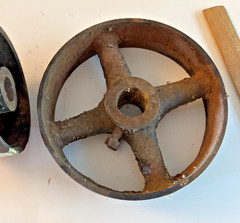 Hit and Miss steel pulley wheels unmarked 8 and 5 antique Steam Punk