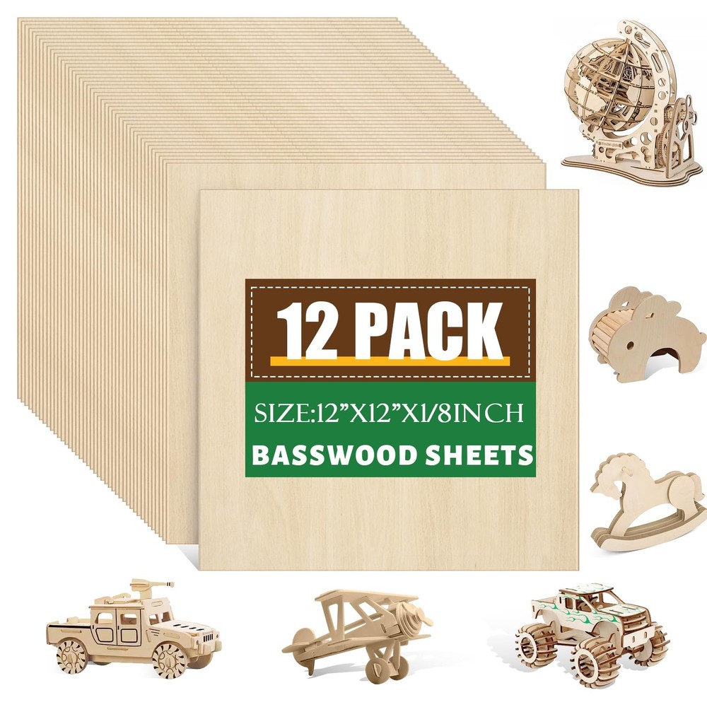 12 Pack Basswood Sheets 1/8x12x12 Inch for 12x12x1/8in, 12 P