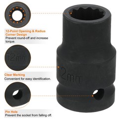 12-Point Impact Socket 1/2 Inch Drive 12mm Metric Cr-V Shallow Impact Socket