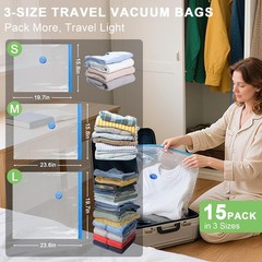 15 Pack Vacuum Seal Bags for Clothing Travel with -60000Pa USB Pump, Save 80% of