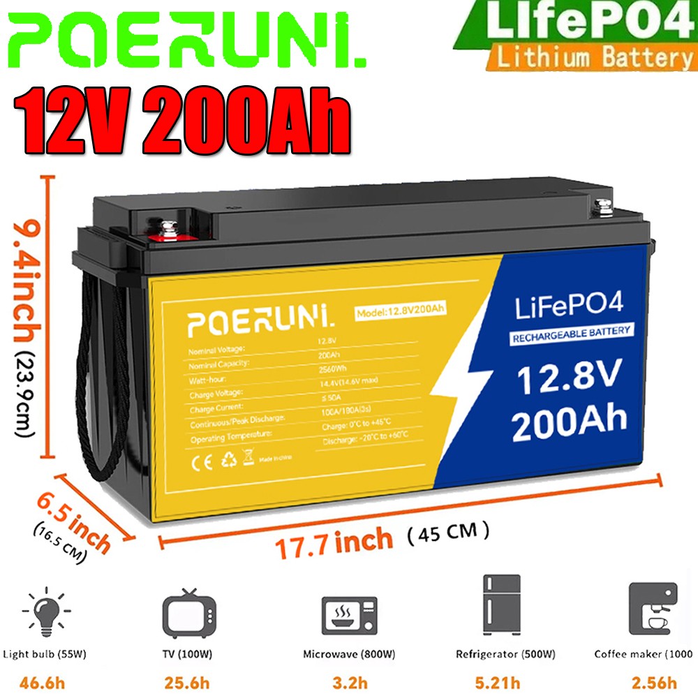 200Ah 12V LiFePO4 Lithium Battery Built-in BMS for RV Marine Off-Grid Solar