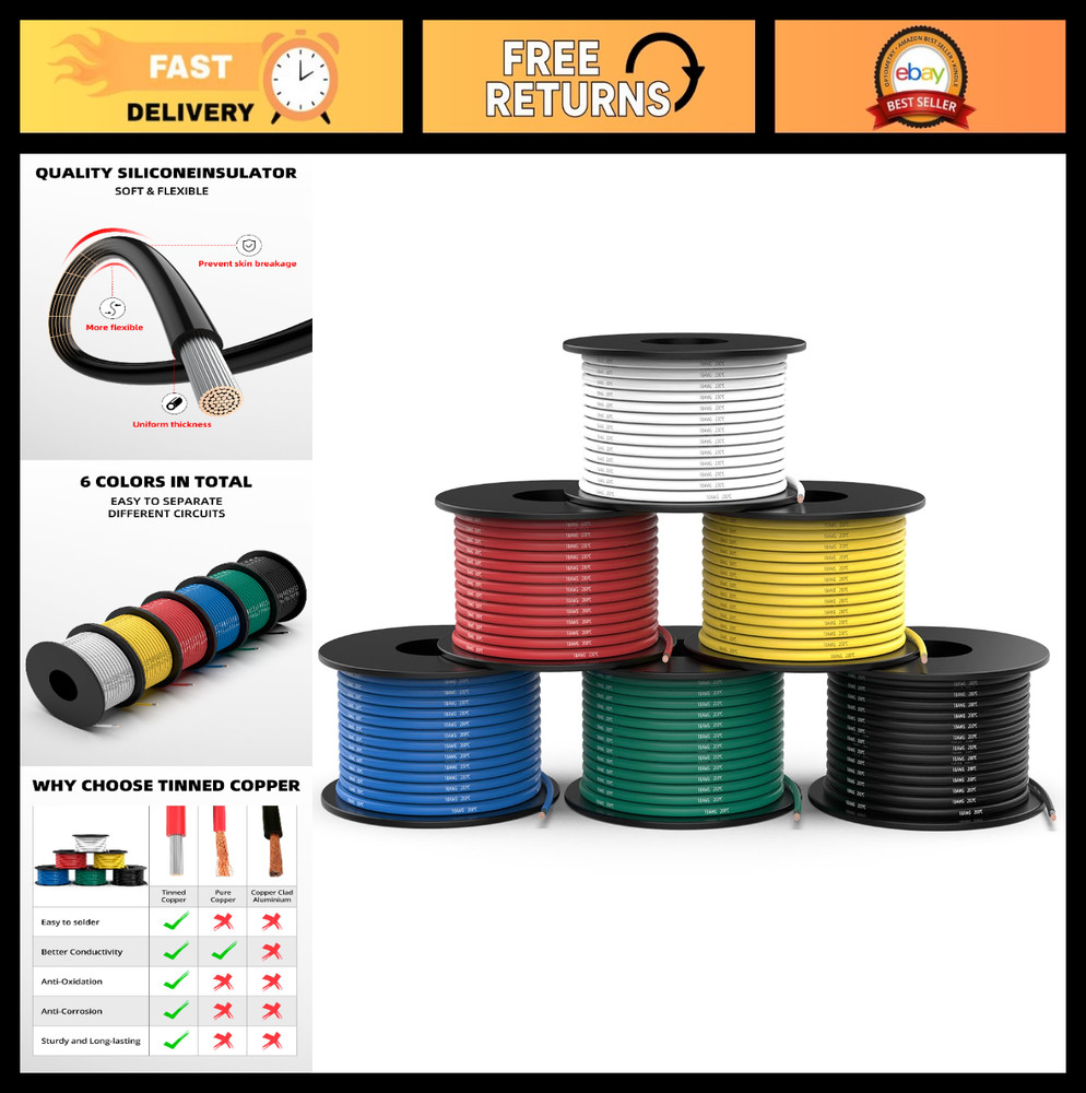 18 AWG 180ft Silicone Tinned Copper Wire Kit – 6 Colors, Flexible Electrical Cab