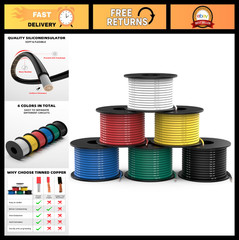 18 AWG 180ft Silicone Tinned Copper Wire Kit – 6 Colors, Flexible Electrical Cab