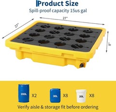 2X Drum Spill Containment Pallet with Drain Outlet, Leakproof Stackable Tray US