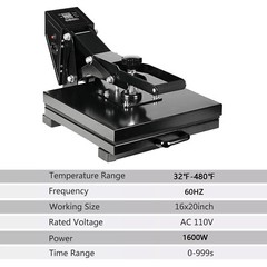 16″ x 20″ Clamshell Heat Press Machine DIY T-shirt Sublimation Digital 1600W