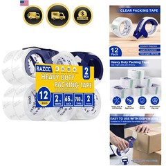 Clear Packing Tape, 12 Rolls Heavy Duty Packaging Tape with Dispensers for Pa…