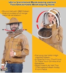 USKEEPERS Bee Jacket Men Women 3 Layer Ventilated w/Gloves & 2 Veils Beekeeping