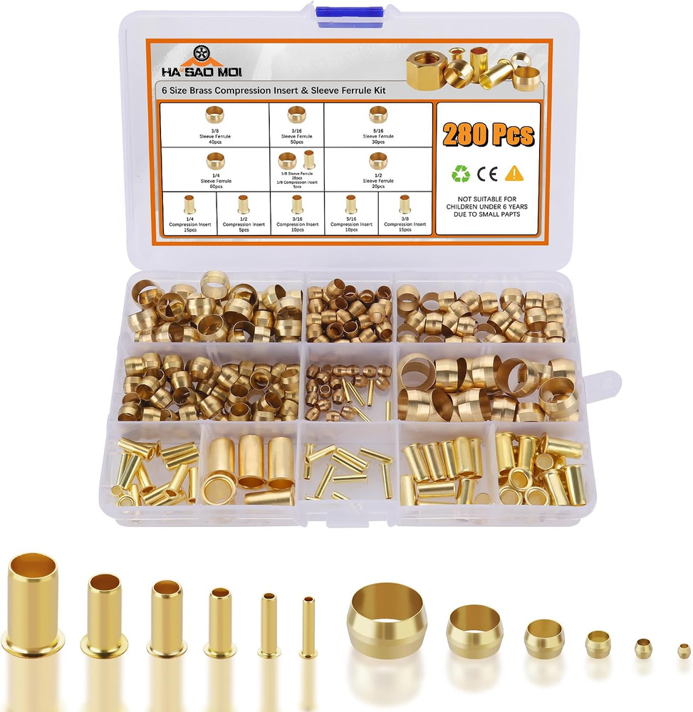 280PCS Compression Fittings Assortment Kit – 6 Sizes (1/4″, 3/8″, 5/16″, 1/2″, 3