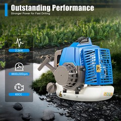 63CC 3hp Gas Powered Post Hole Digger Earth Auger Wheeled Ground Drill w/12″ Bit