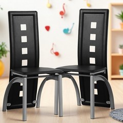 4pcs Dining Chairs – High Back Square Cutout Design, Chrome Legs & PU Leather