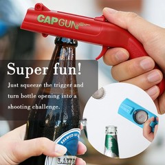 Bottle Opener with Cap Launcher – Funny Shooting Gun for Parties, L, Red-Blue